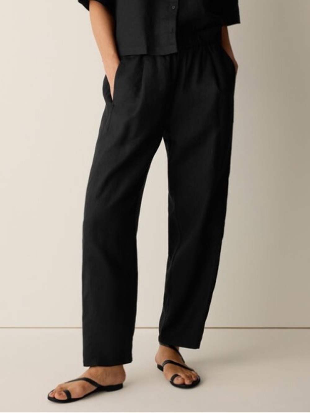 EILEEN FISHER 100% Organic Linen Pleated Lantern Tapered Black Pant M Minimalist